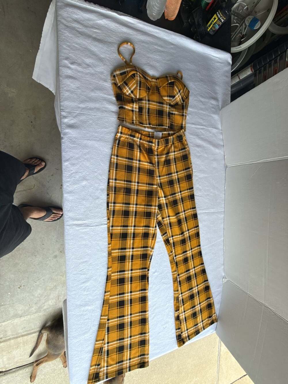 No Boundaries Yellow Plaid Two-Piece Corset Top and Flare Pants Set
